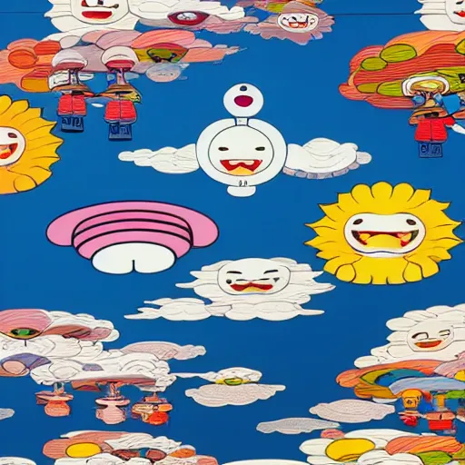 Image similar to a man walking on clouds above kyoto by takashi murakami,, aya takano color style, 4 k, super detailed