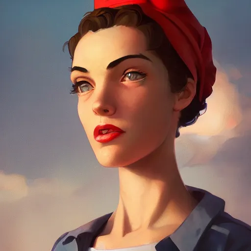 Image similar to a portrait of Rosie the riveter, industrial setting, vivid colors, soft lighting, atmospheric, cinematic, moody, in the style of Ilya Kuvshinov and Range Murata, Krenz Cushart, oil on canvas, 8k