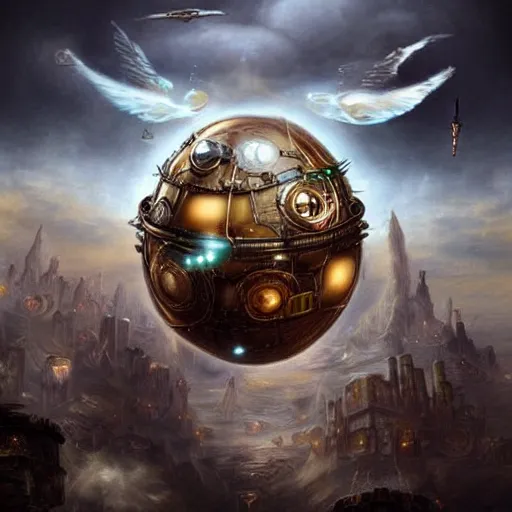 Image similar to flying city in a mechanical egg, sky, steampunk!!!, fantasy art, steampunk, masterpiece, unreal