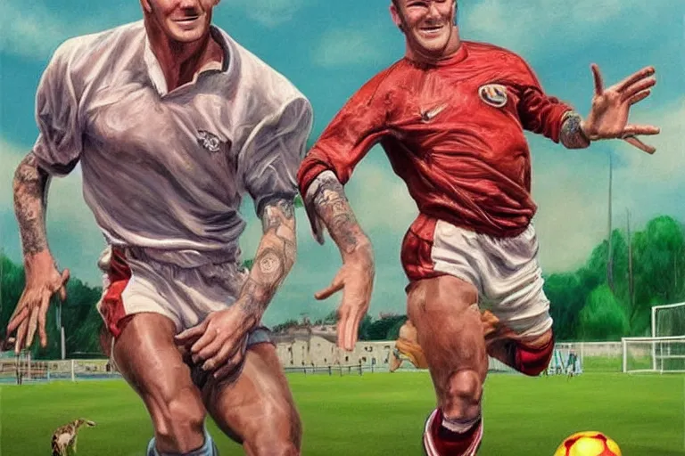 Prompt: beautiful lifelike painting of david beckham human horse centaur soccer star, majestic cinematic, hyperreal detailed facial features and uv lighting, art by ed roth and basil wolverton