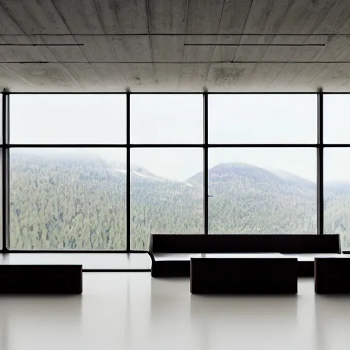 Image similar to large office on top of mountain, modern, well kept, bright, ethereal feel, volumetric lighting, godrays, warm light, high ceiling, table in the middle, office chair, couch, grand, curved windows around the wall, white concrete, plangs in wall, balcony outside, digital art, concept art, high detail,