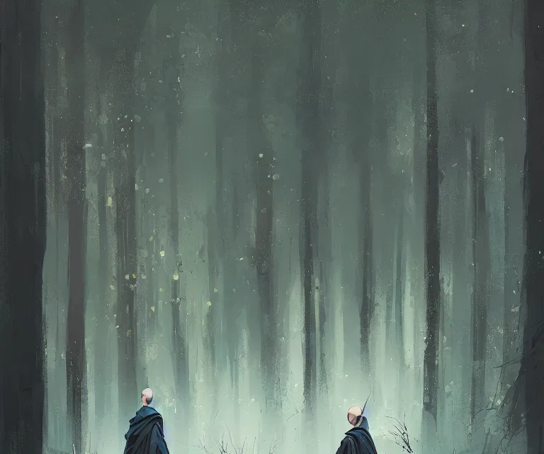 Image similar to painting portrait of a young bald blue - skinned wizard in a forest, by ismail inceoglu