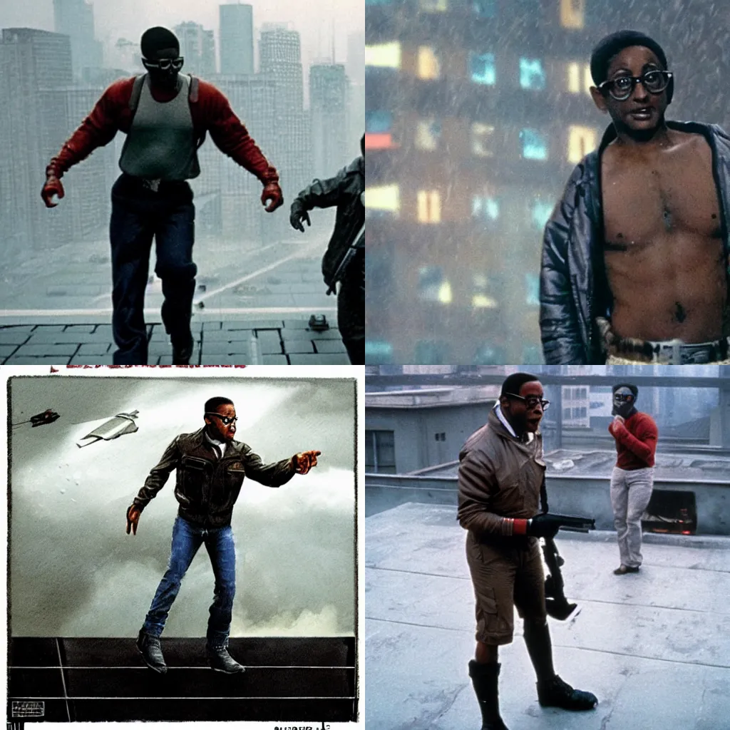 Prompt: steve urkel hunting a rogue replicant on a rainy rooftop