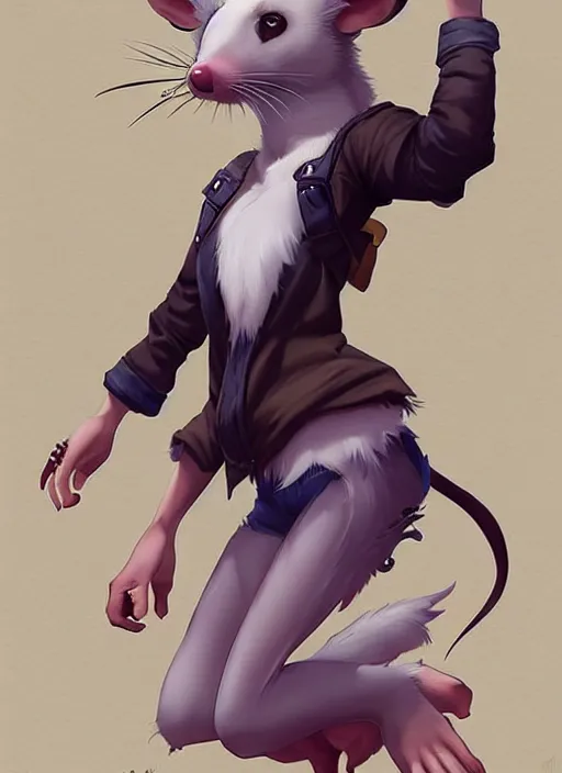 Image similar to character portrait of a female anthro opossum fursona wearing a tanktop and shorts with arm tattoos. Character design by charlie bowater, ross tran, artgerm, and makoto shinkai, detailed, inked, western comic book art