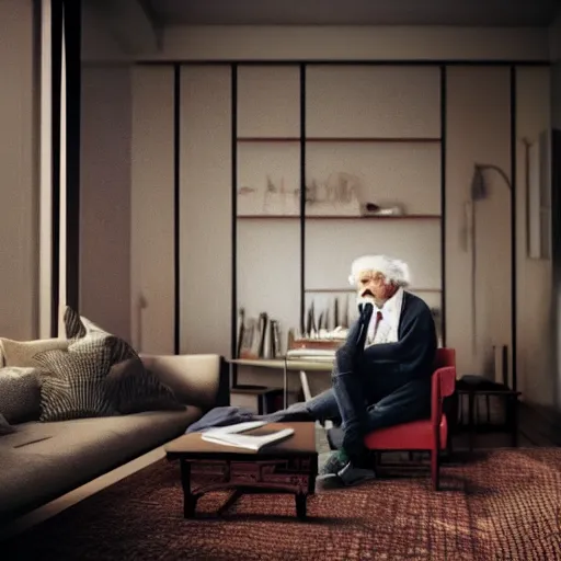 Prompt: hipster albert einstein smoking a blunt in his modern condominium living room, wide shot, dramatic lighting, octane render, hyperrealistic, high quality, HD, cinematic