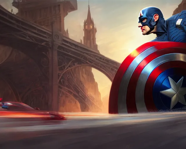 Image similar to photography of captain america driving a sports car, deep focus, d & d, fantasy, intricate, elegant, highly detailed, digital painting, artstation, concept art, matte, sharp focus, illustration, hearthstone, art by artgerm and greg rutkowski and alphonse mucha