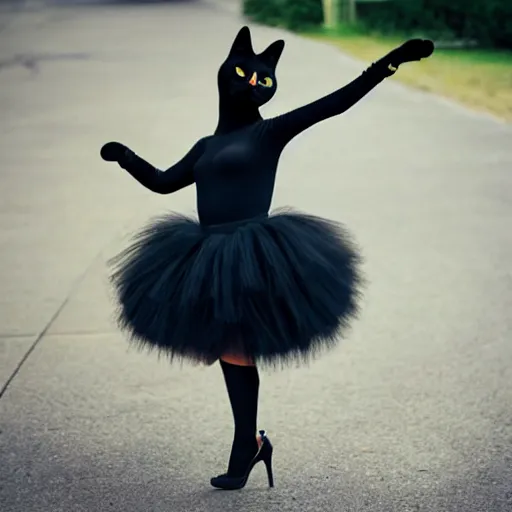 Image similar to a photorealistic cute black cat on high heels dancing vogue dance