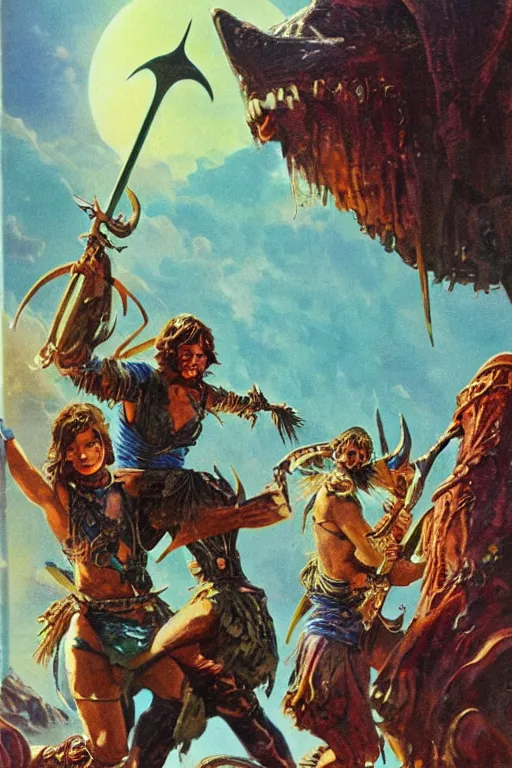 Prompt: 1970s sword and sorcery paperback book cover, clean, sharp focus, UHQ scan, detailed faces, textless, painting by Bruce Pennington