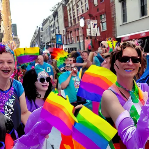 Prompt: happy monsters at a pride parade