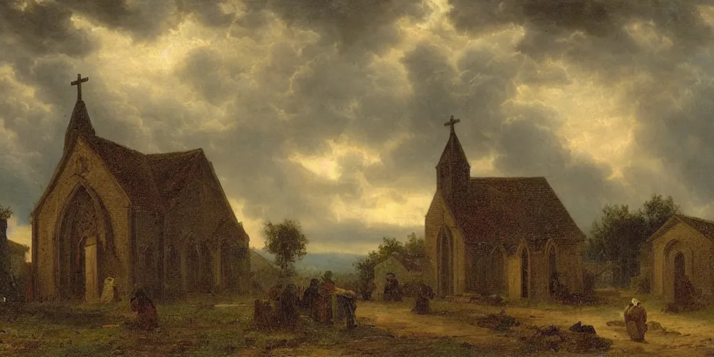 Prompt: a church in a village during a thunderstorm, cozy, by george henry durrie