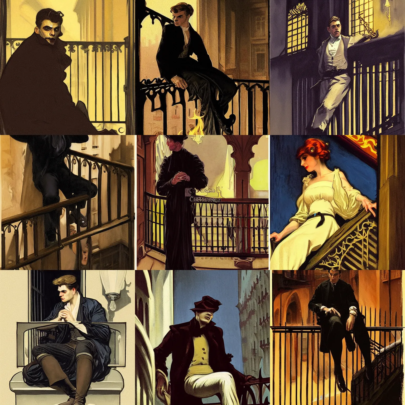 Prompt: character portrait of pepe sitting down on a fire escape drinking cazalla in gothic barcelona, gothic, john singer sargent, muted colors, moody colors, illustration, digital illustration, amazing values, art by j. c. leyendecker, joseph christian leyendecker, william - adolphe bouguerea, graphic style, dramatic lighting, gothic lighting