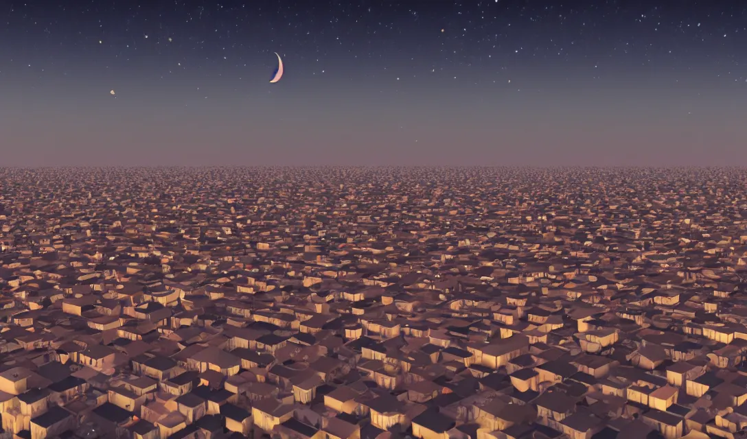 Image similar to thousands of different moons scattered across the sky. thousands of big moons, focus on the sky. thousands of houses in the city, hyperrealism, no blur, 4 k resolution, ultra detailed