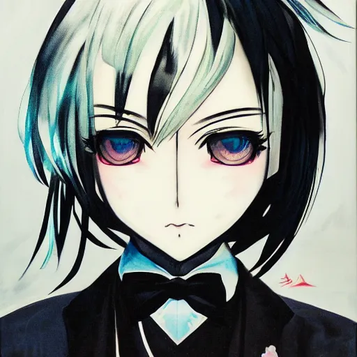 Prompt: Character design of an anime girl with short white hair and black eyes wearing three piece suit in the style of Yoshitaka Amano, abstract black and white background with lines, film grain effect, highly detailed, oil painting with broad brush strokes