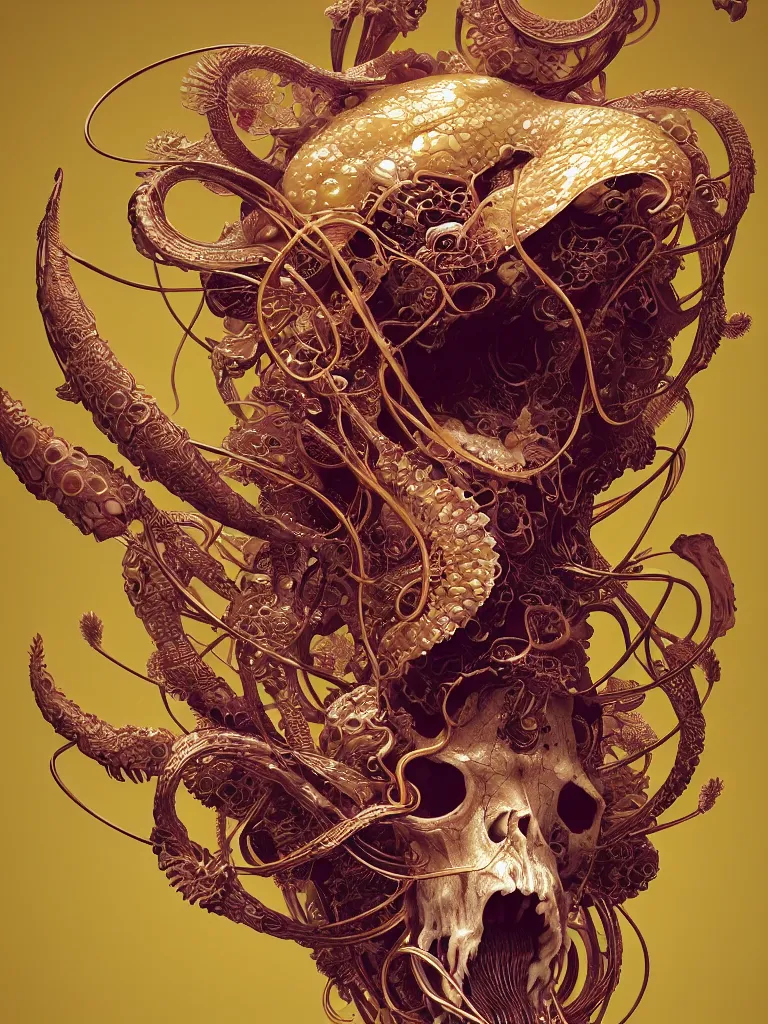 Image similar to close-up portrait ram skull abstract 3d composition. jellyfish phoenix head, nautilus, orchid, moebius, mucha, New art nouveau, skull, gold betta fish, bioluminiscent creatures, intricate artwork by Tooth Wu and wlop and beeple. octane render, trending on artstation, greg rutkowski very coherent symmetrical artwork. cinematic, hyper realism, high detail, octane render, 8k