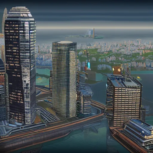 Prompt: canary wharf, screenshot from simcity, unreal engine, 8 k