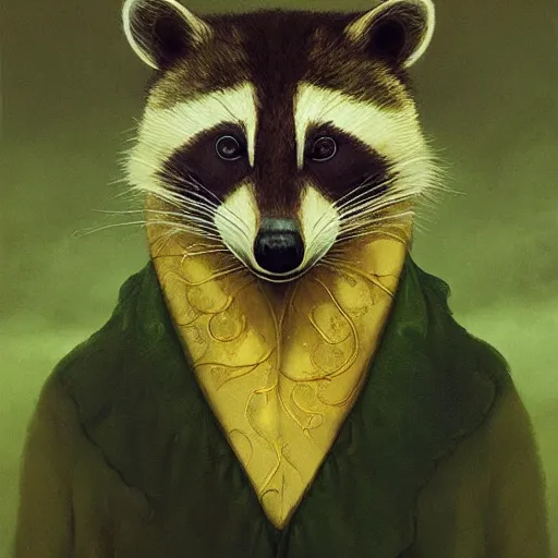 Image similar to Racoon king of the mountains, gold and green, portrait, by Anato Finnstark, Tom Bagshaw, Brom