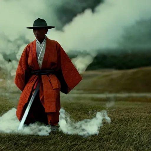 Image similar to cinematic film still Pharrell Williams starring as a Samurai holding fire, Japanese CGI, VFX, 2003, 40mm lens, shallow depth of field,film photography