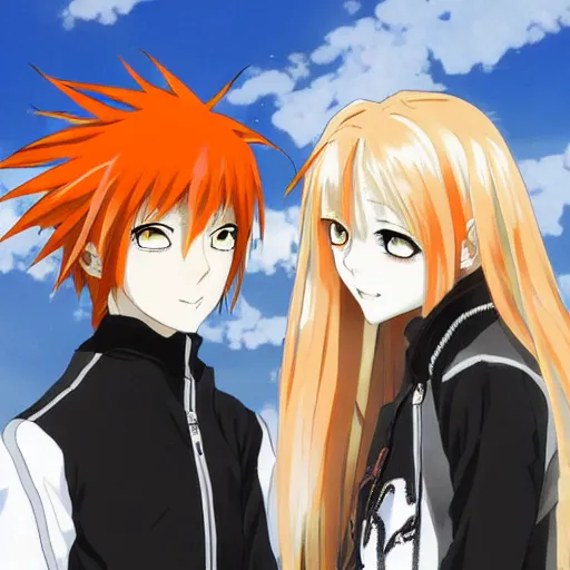 Image similar to orange - haired anime boy, 1 7 - year - old anime boy with wild spiky hair, standing next to 1 7 - year - old pale - skinned persian girl with black hair long bob cut, long bangs, black gothic jacket, ultra - realistic, sharp details, subsurface scattering, blue sunshine, intricate details, hd anime, 2 0 1 9 anime