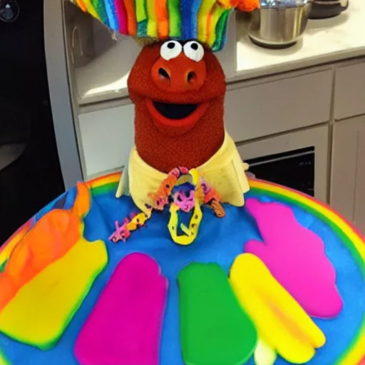 Image similar to rainbow pig wearing a gold crown as a Muppet cooking dinner 8k