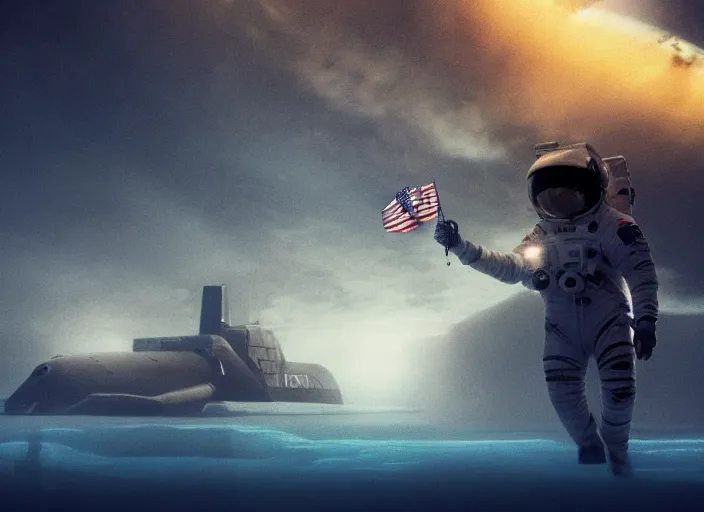 Image similar to astronaut holding a flag in an underwater desert. a submarine is visible in the distance. dark, concept art, cinematic, dramatic, atmospheric, 8 k, trending on artstation, blue, fish, low visibility, fog, ocean floor, christopher nolan, interstellar