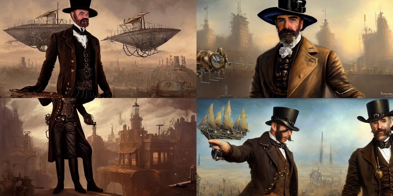 Prompt: portrait of a steampunk noble gunslinger gentleman sean connery posing in hat in the center, matte painting of steam machines airships on background, by Antonio Caparo and tyler edlin and lindsey look, victorian, concept art, steam romance, steam-punk illustration, detailed, 4k resolution, trending on artstation