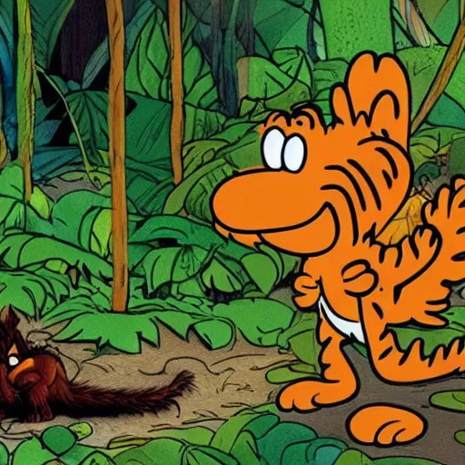 Image similar to Garfield and odie in the jungle, by Jim Davis