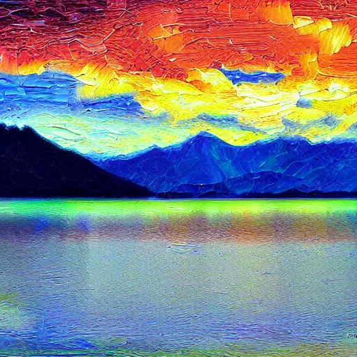 Image similar to a beautiful impasto oil painting of lake chiemsee, digital art