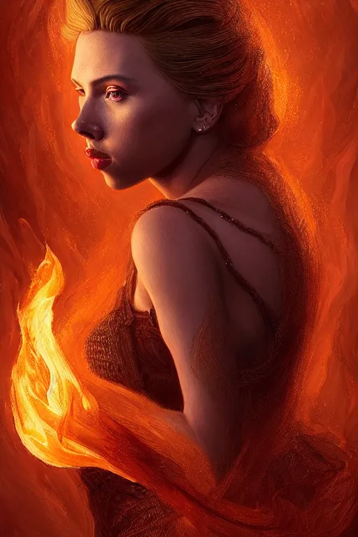 Prompt: majestic and regal portrait of a beautiful young scarlette johansson fire goddess!!, intricate, epic, elegant, menacing, fantasy, highly detailed, digital painting, hard focus, beautiful volumetric lighting, epic light, ultra detailed, souls, smoke, by leesha hannigan, ross tran, thierry doizon, kai carpenter, ignacio fernandez rios