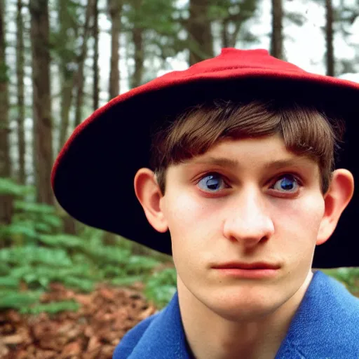 Image similar to super close up portrait of wirt from over the garden wall. a 1 6 years old gloomy awkward boy with big brown eyes and shaggy brown hair wearing a red dunce hat and a blue navy cape, standing in the forest, kodachrome photograph, 1 9 9 5, 4 k, canon, flash photography, norman rockwell, bouguereau