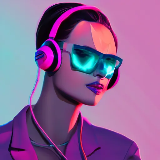 Image similar to synthwave girl wearing headphones, animated, trending on artstation, portrait