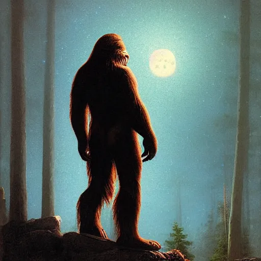 Image similar to UHD photorealistic Bigfoot playing electric guitar under a full moon, by Greg Rutkowski and Albert Bierstadt