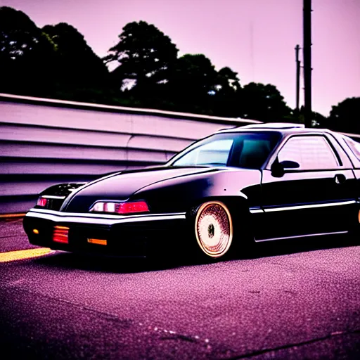 Prompt: a black 1990 Ford thunderbird sc at illegal car meet, Chiba prefecture, city midnight mist lights, cinematic color, vaporwave, highly detailed wheels, 50MM