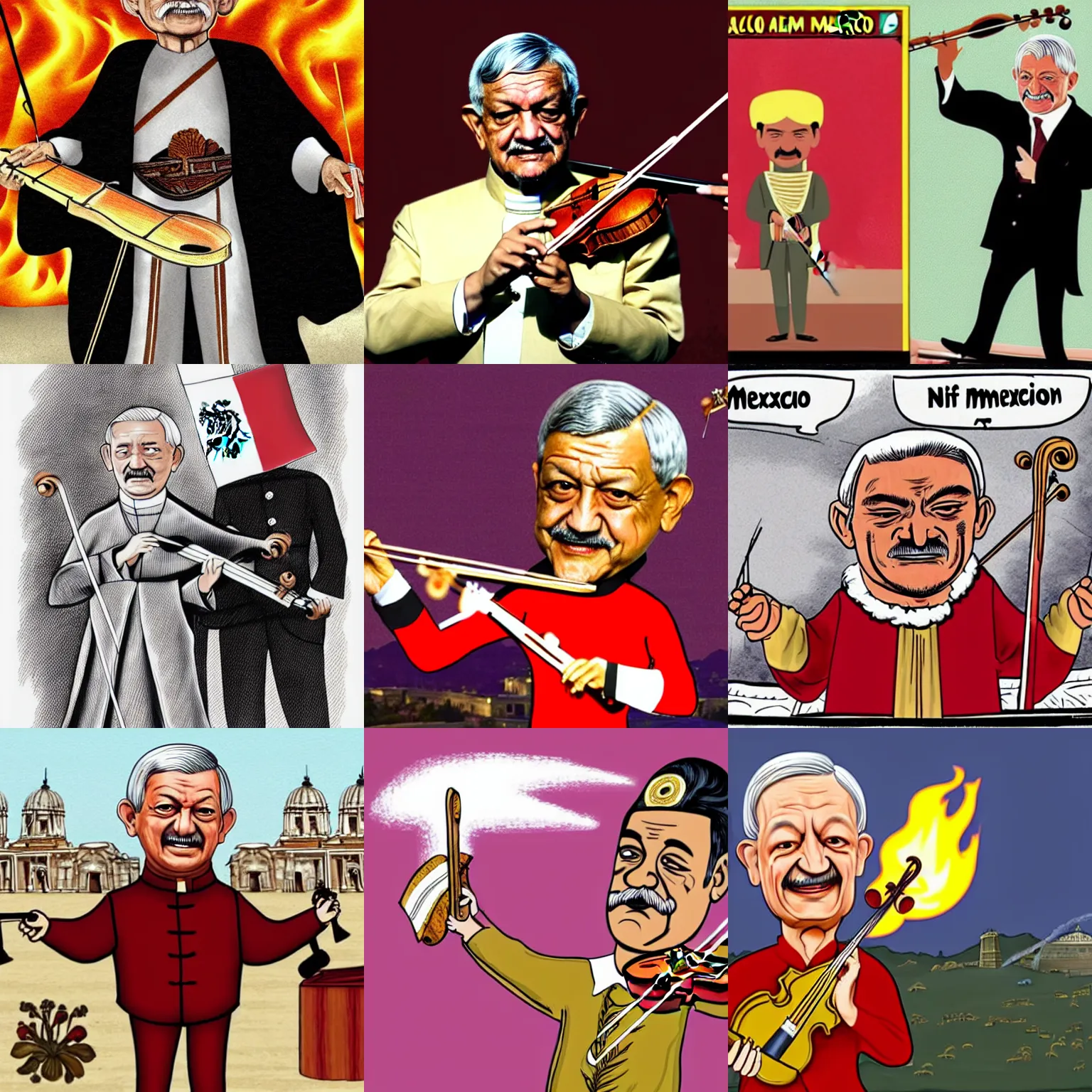 Prompt: a cartoon amlo dressed as a roman emperor, playing the violin as mexico burns in the background