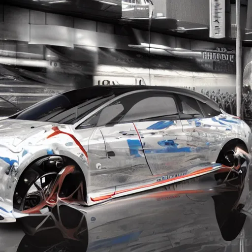 Prompt: sci-fi sport car formula 1 hatchback transport design organic smooth elastic forms on the front background digital billboard with point cloud in the coronation of napoleon painting by Jacques-Louis David, pinterest keyshot product render, cloudy plastic ceramic material shiny gloss water reflections, ultra high detail ultra realism, 4k