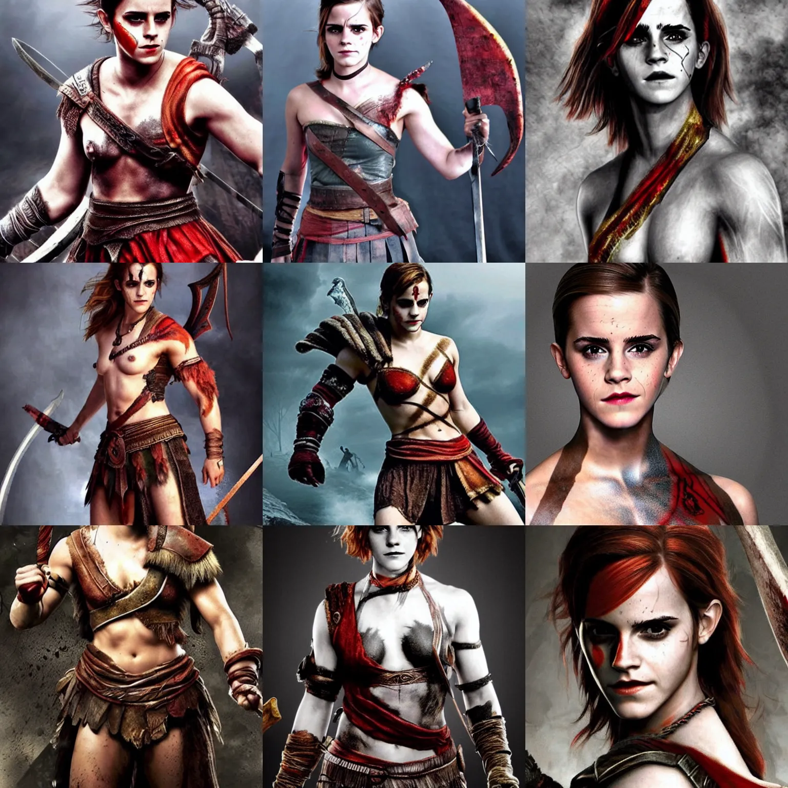 Image similar to Emma Watson as Kratos, brutal