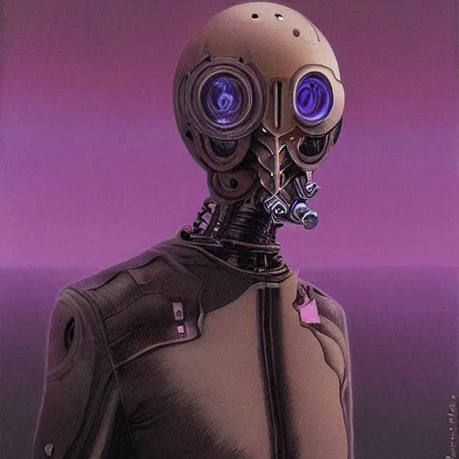 Image similar to steampunk android that emits purple fog, by wayne barlowe