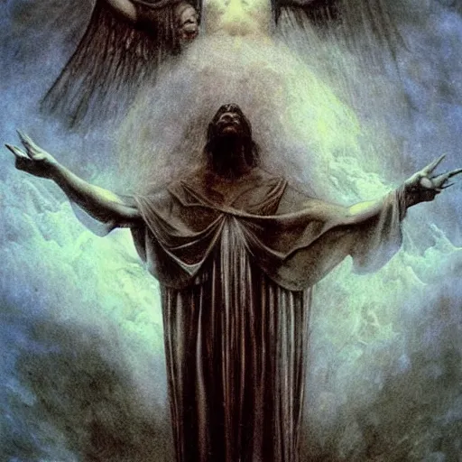 Image similar to ”the storm of god, releasing angels and bloodshed from above”, by h.r Giger, beksinski, and Caravaggio