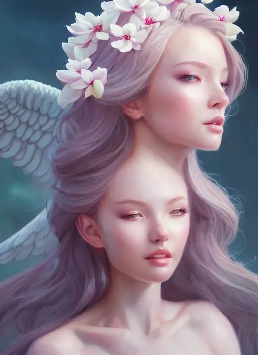 Image similar to character concept art of a goddess of magnolias as angelic young female | | seductive - fine - face, pretty face, key visual, realistic shaded perfect face, fine details by stanley artgerm lau, wlop, rossdraws, james jean, andrei riabovitchev, marc simonetti, and sakimichan, trending on artstation