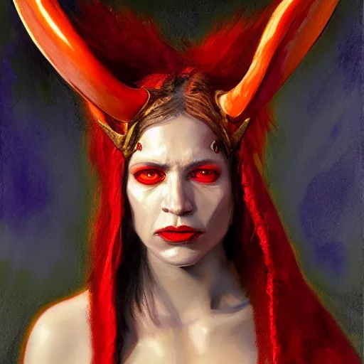 Prompt: painted portrait of an intimidating demon girl with ram horns and red skin, dressed in a cloak. oil painting, fantasy art by greg retkowski and john singer sargent, character design