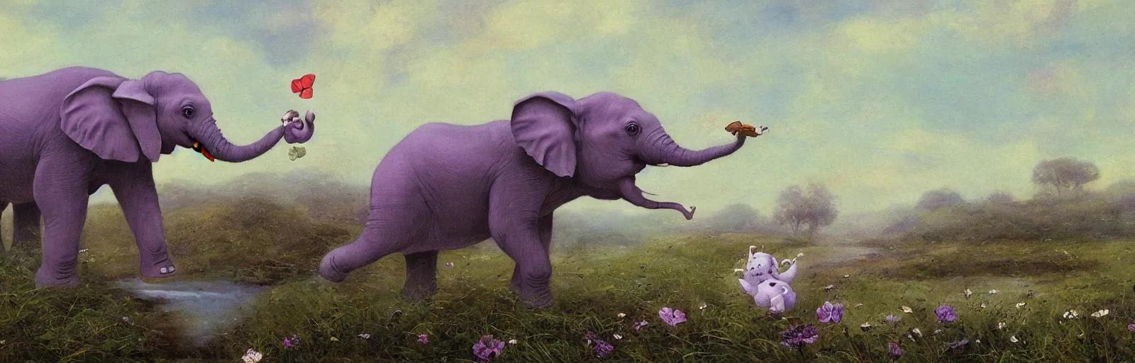 Prompt: A baby purple elephant flying across a meadow with a stream, illustration, detailed, smooth, soft, warm, by Adolf Lachman, Shaun Tan, Surrealism