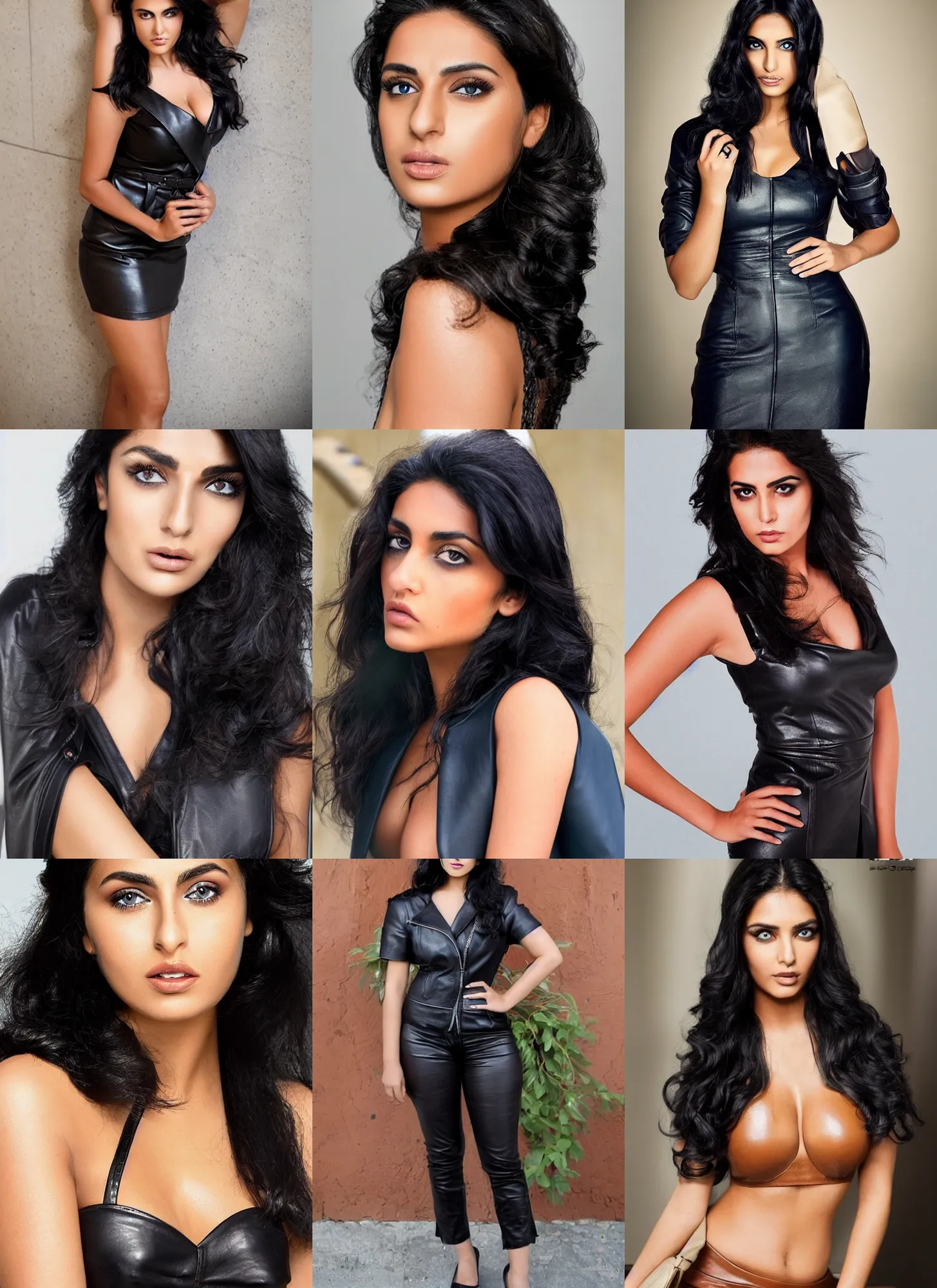 Prompt: tanned voluptuous ameera al taweel, blue eyes, wavy black hair, seductive, beautiful, serious, leather top, alluring, by cam sykes