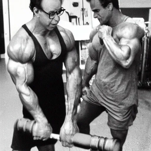 Image similar to Rick Moranis pumping iron in the gym next to Arnold vintage