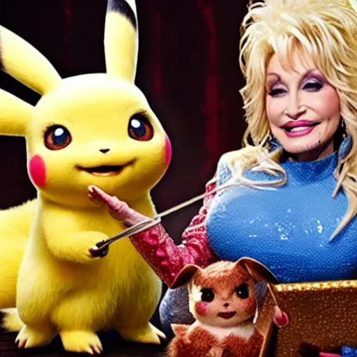 Image similar to Dolly Parton with a plate of Detective Pikachu