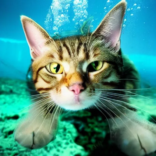 Image similar to high quality underwater photo of a cat scuba diver, wearing norkel mask!!