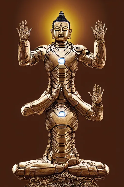 Image similar to digital masterpiece illustration concept art of porcelain statue of buddha gautama as iron man, varasana, lotus, padmasana, extremely detailed and intricate complexity, epic composition, magical atmosphere, cinematic lighting, wide long shot, trending on artstation, 8 k