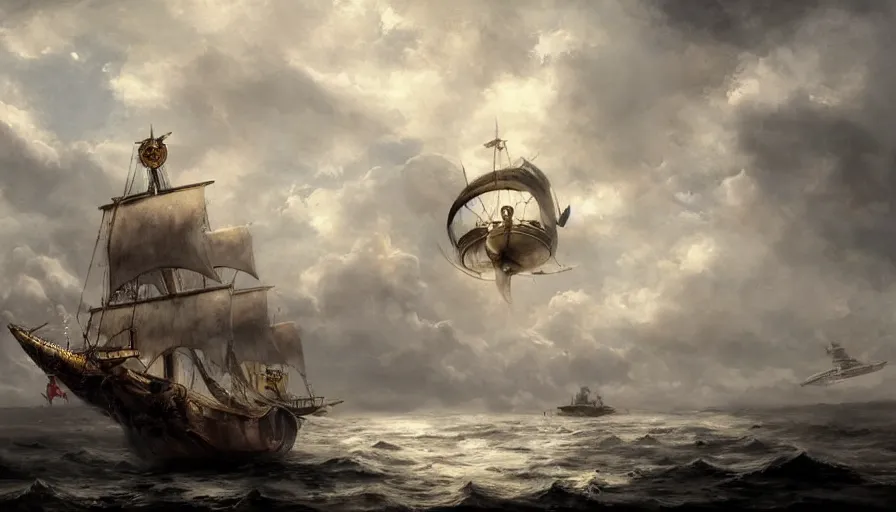 Image similar to a large pirate airship flying among the clouds, soaring through the sky, realist painting, pirate, beautiful, highly detailed, trending on art station