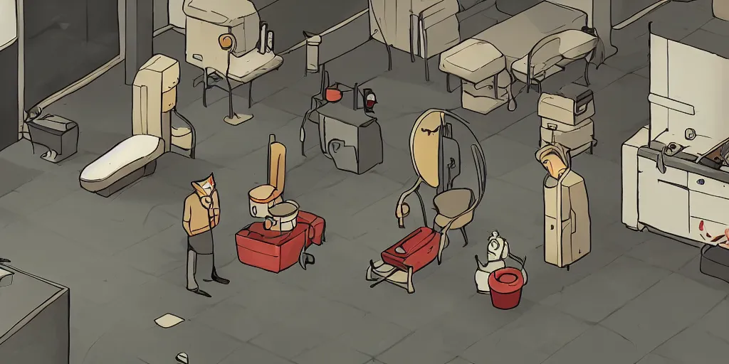 Prompt: Screenshot of The Silent Age, a point and click adventure game, developed by Danish indie game studio House on Fire, and released for iOS and Windows. The game's story focuses on a janitor who is plunged into a task of saving humanity from an apocalyptic event by using time travel, discovering the future that will come about if the event is not prevented.