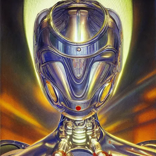 Image similar to the robot wearing her human mask, by christopher kit williams and donato giancola, symbolist, dramatic lighting, elaborate geometric ornament, art brut, god rays, soft cool colors, smooth, sharp focus, extremely detailed