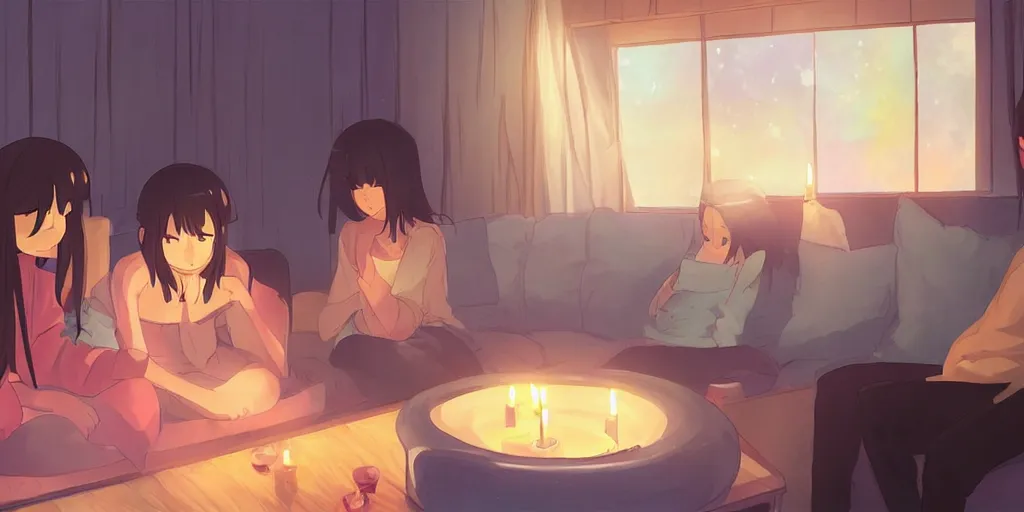 Image similar to a cozy party at midnight, modern indoors, bay area, candles, hot tub, friendship, art by makoto shinkai