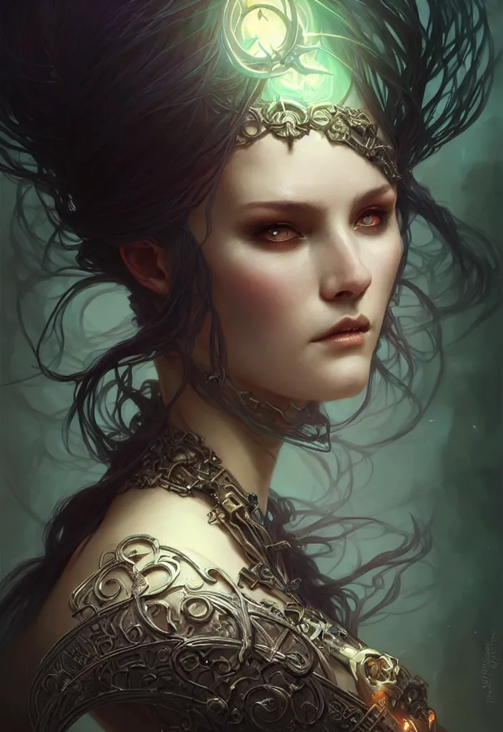 Image similar to Necromancer Sorceress, fantasy magic, undercut hairstyle, dark light night, intricate, elegant, sharp focus, illustration, highly detailed, digital painting, concept art, matte, art by WLOP and Artgerm and Greg Rutkowski and Alphonse Mucha, masterpiece